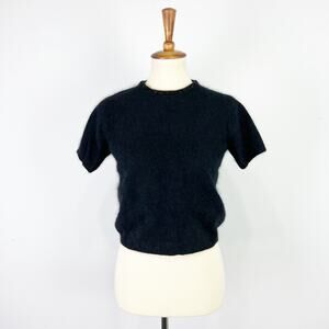Vintage 80s black short sleeve angora sweater beaded collar Rafaella Petites XS